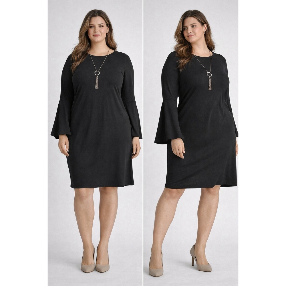 Tachera Womens L Black Shift Dress Flare Bell Sleeve Mesh Insert Accent Necklace